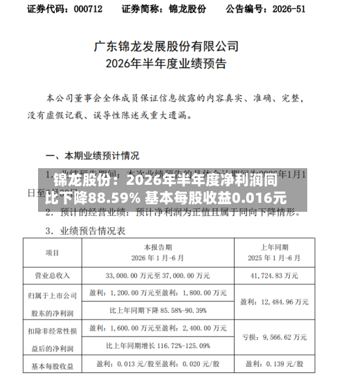 锦龙股份:2026年半年度净利润同比下降88.59% 基本每股收益0.016元-第1张图片