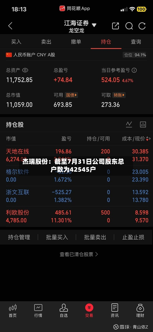 杰瑞股份:截至7月31日公司股东总户数为42545户-第1张图片