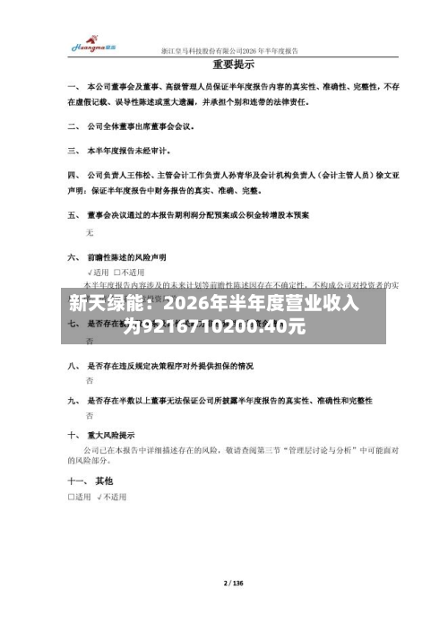 新天绿能：2026年半年度营业收入为9216710200.40元-第1张图片