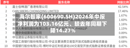 海尔智家(600690.SH)2026年中报净利润为103.16亿元	、较去年同期下降14.27%-第1张图片